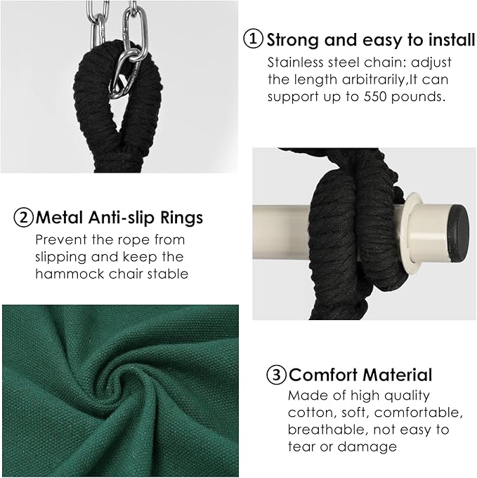 Y- STOP Hammock Chair Hanging Rope Swing, Max 500 Lbs, 2 Cushions Included, Large Macrame Hanging Chair with Pocket for Superior Comfort, with Hardware Kit, Green