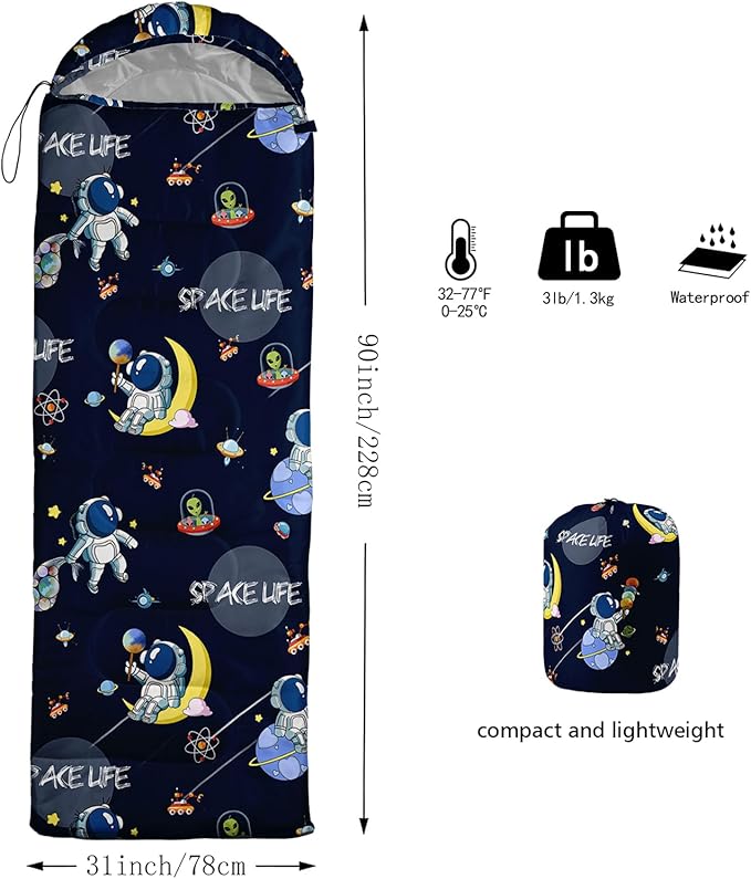 AILONEN Outer Space Astronaut Camping Sleeping Bags,Lightweight & Waterproof,3 Season Warm & Cool Weather,Cartoon Sleeping Bags for Kids,Boys Girls Travelling,Outdoors