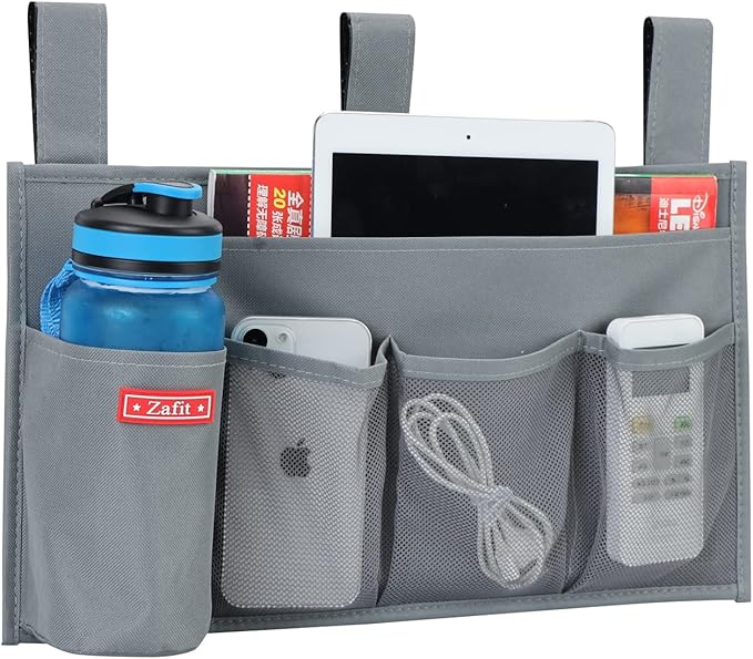 Hanging Bedside Caddy, Bedside Storage Organizer for Magazine, Phone, Remote control (5 Pockets-Grey)