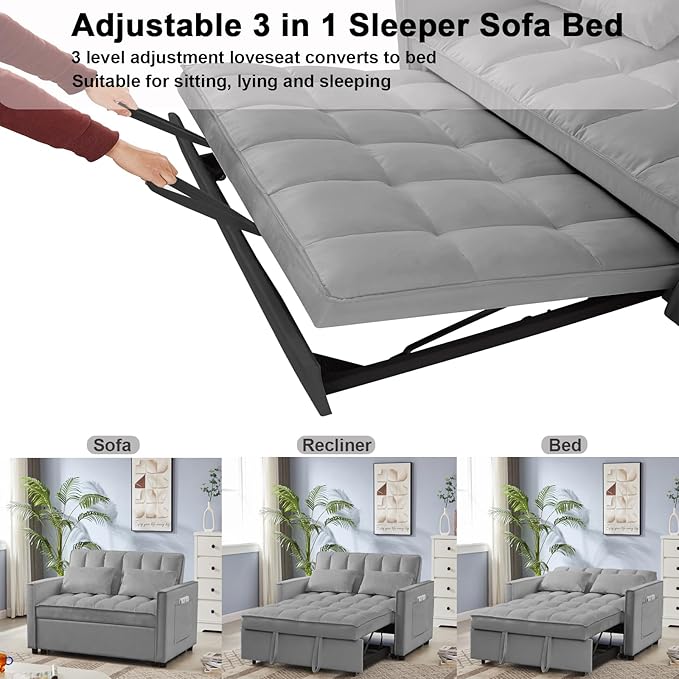 53.14" Velvet Convertible Sleeper Sofa Bed with Adjustable Backrest & Side Pocket, Pull-Out Loveseat Futon Couch for Small Spaces, Solid Wood Frame, Easy Assembly, 3-in-1 Sofa Bed for Living Room