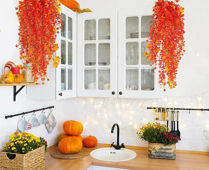Artificial Hanging Plants Fall Faux Eucalyptus Leaf Fall Fake Hanging Plants Fall Hanging Vines Artificial Fall Flowers Faux Autumn Plants for Thanksgiving Indoor Outdoor House Wedding Party(Gold)