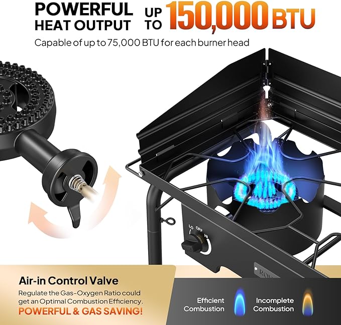 ROVSUN 2 Burner Outdoor Propane Gas Stove with Regulator, Windpanel, Bag & Side Shelves, 150,000 BTU Powerful Stand Cooker for Backyard Cooking Camping Home Brewing Canning Turkey Frying