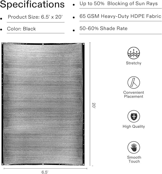 VIVOSUN Sunblock Shade Cloth, 50%-60% Shade Net, 6.5' x 20' Black Garden Shade Mesh with Grommets for Plant Covers, Swimming Pools, Patios, and Yards