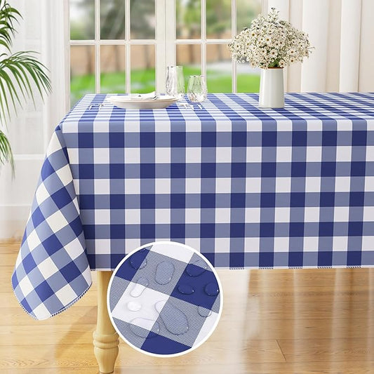 misaya Rectangle Waterproof Vinyl Table Cloth, Buffalo Flannel Backed Tablecloth, Wipeable Plastic Table Cover for Dinner, Kitchen, Outdoor (54" x 78", White and Navy)
