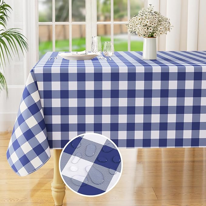 misaya Square Waterproof Vinyl Table Cloth, Buffalo Flannel Backed Tablecloth, Wipeable Plastic Table Cover for Dinner, Kitchen, Outdoor (54" x 54", White and Navy)