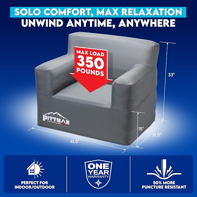 Pittman - Inflatable Chair for Camping with Built in Pump - Portable Inflatable Couch for Adults Holds 350lb's - Blow Up Chair for Movie Nights, Outdoor Blow up Furniture or Air Sofa for Camping