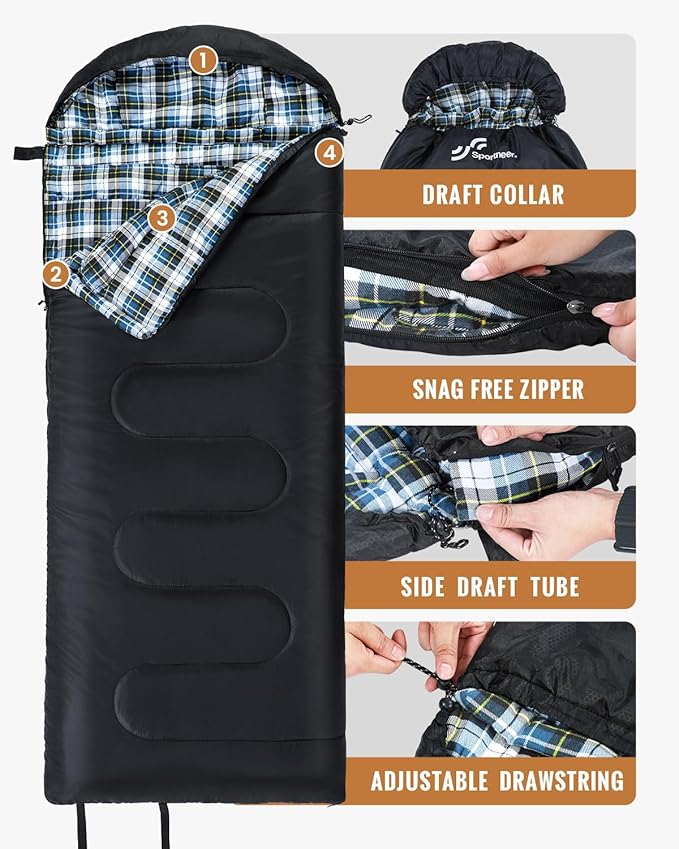 Sportneer Sleeping Bags for Adults, 0 Degree Sleeping Bag XL Flannel Winter Cold Weather Sleeping Bag with Detachable Hood Compression Sack for Camping, Backpacking, Hiking