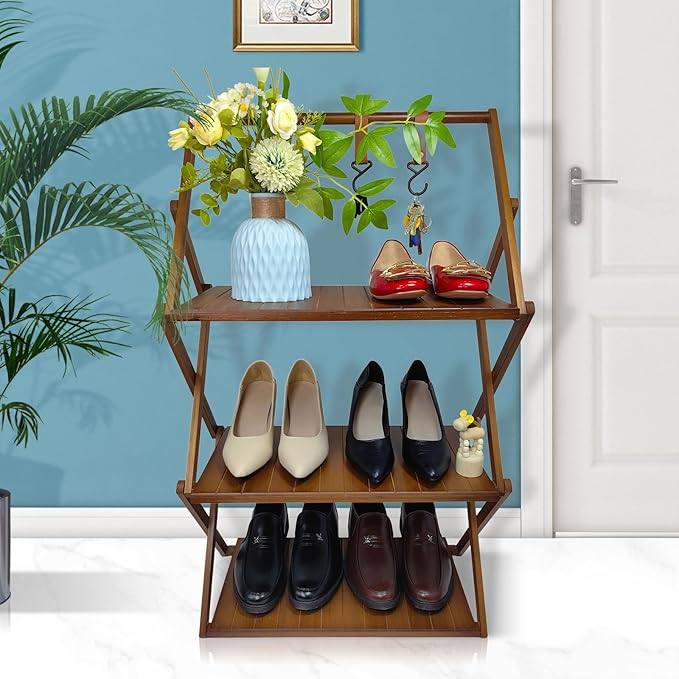 Foldable Bamboo Shelf, Folding Shoe Rack, Flower Rack, Camping Rack, No Installation Required, Portable, Space Saving, Multi-Purpose Storage Rack (Walnut, 3 Tiers with Boom)