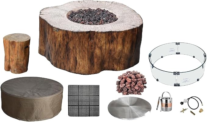 Elementi | Bundle Manchester Gas Fire Pit Cast Concrete Semi-Round Fire Table, Outdoor Fire Pit Electronic Ignition | Canvas Cover, Lava Rock Included | Red Wood (Propane Gas)