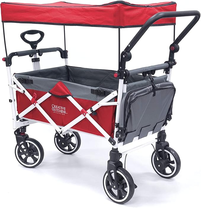 Creative Outdoor Push Pull Collapsible Stroller Wagon for Kids with Canopy,150lbs Weight Capacity, Folding Cart, Titanium Series Plus, Beach, Park, Garden (Red & Grey)