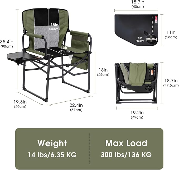 Wide Folding Director Chair with Table, Outdoor Camping Chair for Adults with Cup Holder Load 330 Lbs, Portable Lightweight Chair for Outside with Carry Bag for Patio, Green-2Pack
