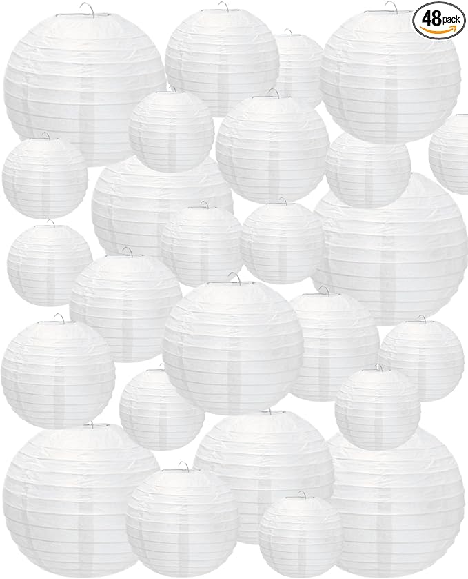 Treela 48 Pcs Paper Lanterns Party Decorations Chinese Round Paper Lanterns 4/6/8/10 Inch Asian Hanging Lamps Decorative for Birthday Party Supplies(White)