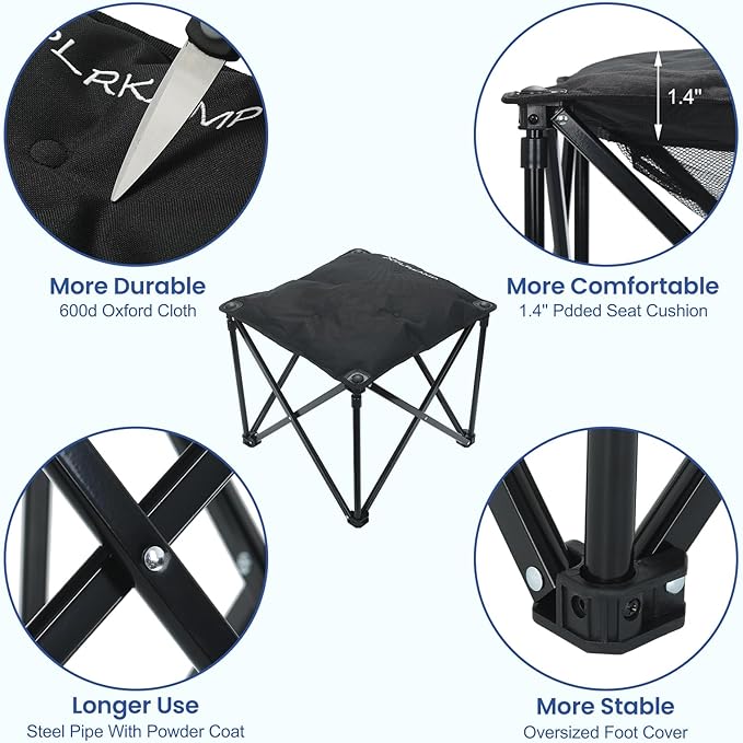 Padded Camping Stool, 18 Inch Oversized Camping Foot Rest, 500lb Camping Chairs Outdoor Footstool Portable Camping Ottoman for Camping Gardening Fishing w/Storage Net Carry Bag (2, Black)