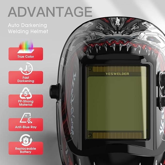 YESWELDER Large View Auto Darkening Welding Helmet, Blue Light Blocking, 1/1/1/1 True Color Solar Powered Welder Hood Mask with 4 Arc Sensors, Wide Shade 3/5-9/9-13 for TIG MIG ARC Cut and Grind