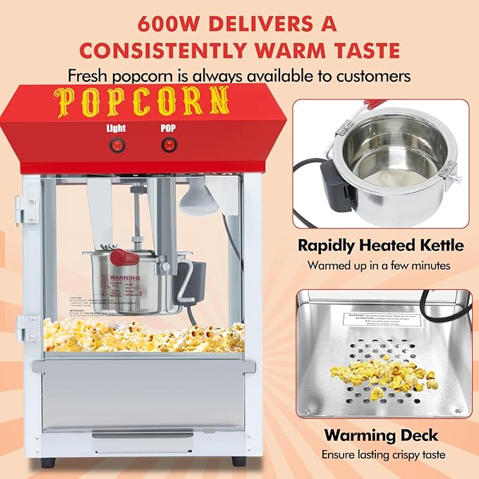 6 Ounce Popcorn Machine, Bar Style Popcorn Machine Popcorn Maker 600W Electric Popper for Home Theater Parties, and Events