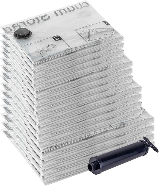 Vacuum Storage Bags 16 Combo, (4 Jumbo, 4 Large, 4 Medium, 4 Small) Space Saver Bags with Travel Hand Pump, Compression Airtight Sealer Bags for Clothes, Pillows, Comforters, Blankets