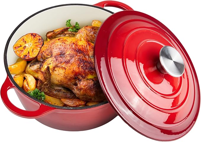 3 Quart Dutch Oven Enameled Cast Iron with Lid - Big Dual Handles - Oven Safe up to 500°F - Classic Round Pot for Versatile Cooking Red