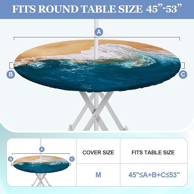 2 Pcs Round Outdoor Tablecloth with Umbrella Hole - Anti-Wrinkle Polyester Tablecloth with Elastic Zipper Table Cover for Summer Patio Camping Party(45''-53'',Ocean)