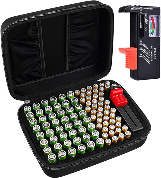 Battery Organizer Storage Box Case Holder for 48 x AA, 48 x AAA Total 96 Batteries with Battery Tester, Extra 2 Pockets for Other Accessories