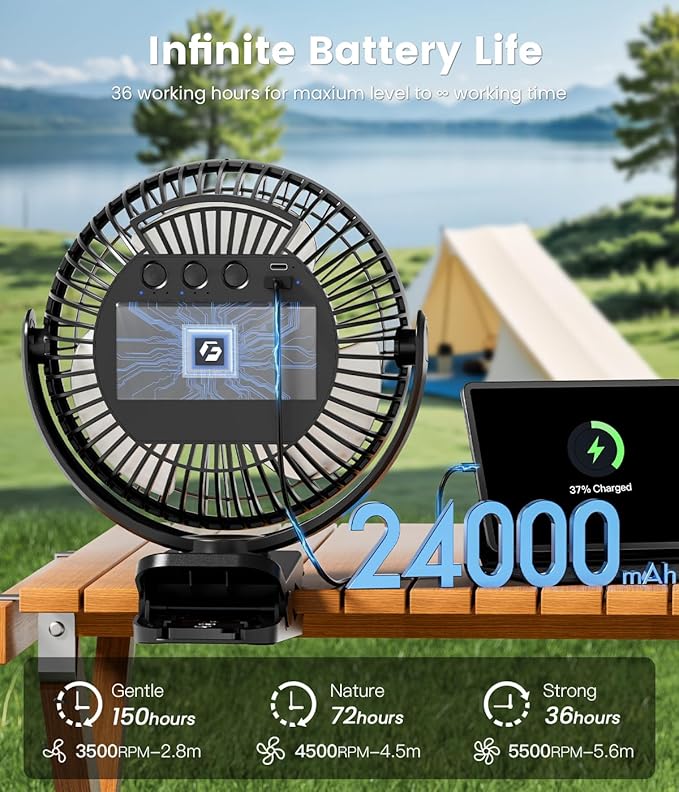 24000mAh Clip on Fan for Golf Cart - 8-inch Portable Rechargeable Fans - Max Up to 150Hrs Work Time - Battery Operated Fan with LED, Remote, Timers, Hook for Office, Desk, Camping, Tent, Treadmill