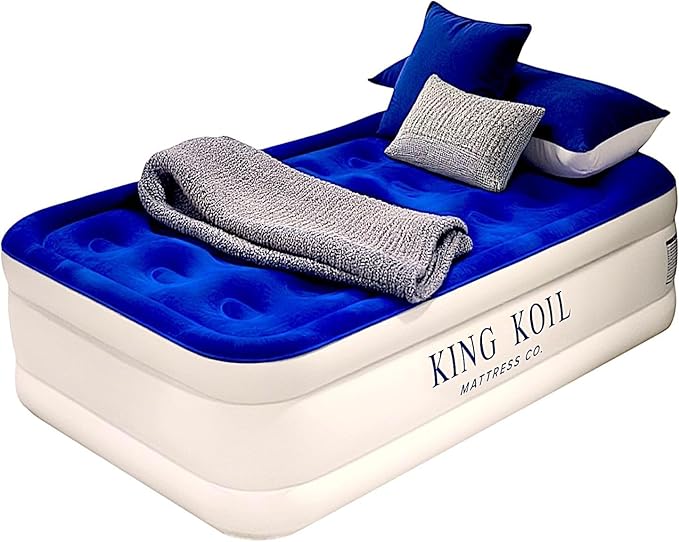 King Koil Luxury Twin Air Mattress with Built-in Pillow Top & Integrated High-Speed Patented Pump – 20" Inflatable Twin Blow Up Airbed for Camping, Home & Guests, Waterproof, 1-Year Warranty
