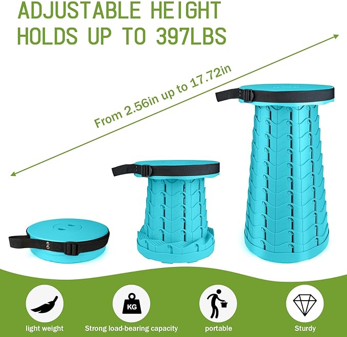 Deer's Life Portable Collapsible Stool with Cushion Pad, Retractable Folding Telescopic Camping Seat for Adults, Small Lightweight Sturdy Adjustable Stools for Travel,Kitchen,Garden,Fishing