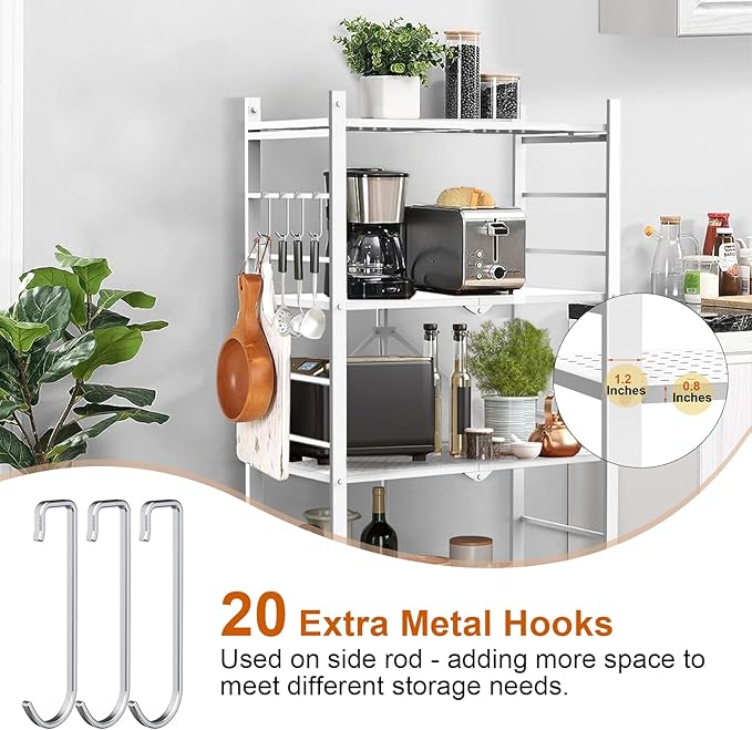 Himix Storage Shelves with 20 Hooks, 4-Tier Foldable Shelves for Storage, Folding Shelf Unit Pantry Shelves with Wheels, Metal Shelving Storage Rack Shelf for Kitchen Garage Home, White - No Assembly