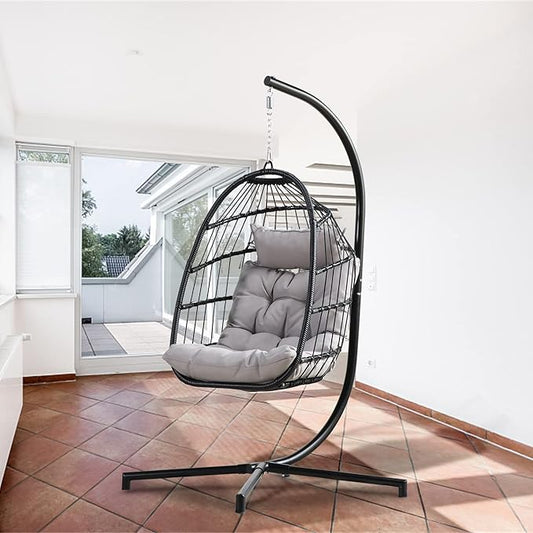 PRIVATE GARDEN Indoor Outdoor Hanging Egg Swing Chair with Stand Wicker Hammock Chairs with Folding Aluminum Frame Grey Water-Repellent Cushion for Patio Bedroom Balcony 330lbs Capacity