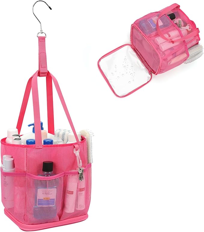Mesh Shower Caddy Portable for College Dorm Room Essentials, Shower Tote Bag with Hanging Hook and Drawstring, Quick Dry Toiletry Bag with 6 Pockets for Bathroom, Swimming, Gym, Camping, Beach, Travel