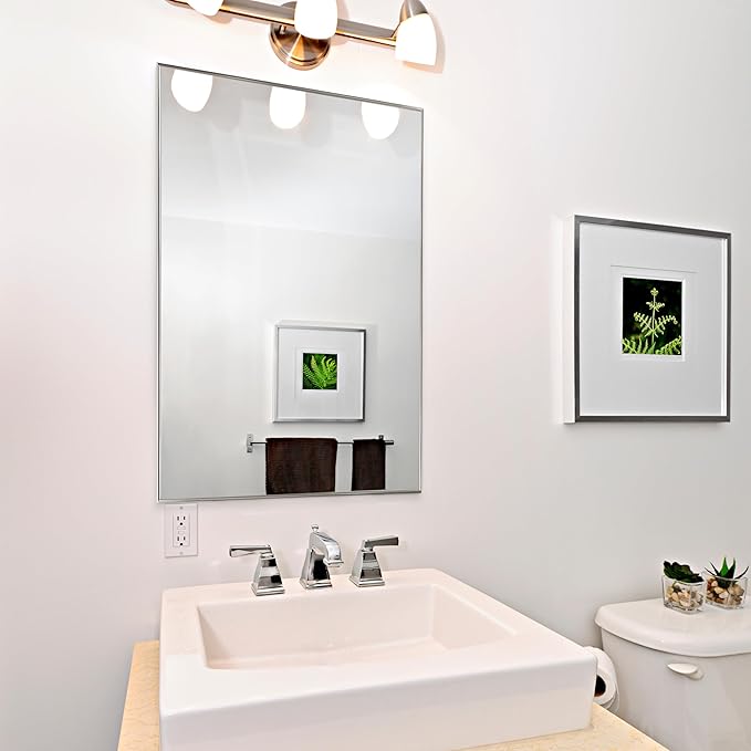 Frame My Mirror Silver Metal Framed Mirror, 30" x 40" Mirror for Bathroom, Metal Frame, True Reflections Glass, Satin Nickel Finish, Stanton Design, Hangs Horizontally or Vertically, Made in USA