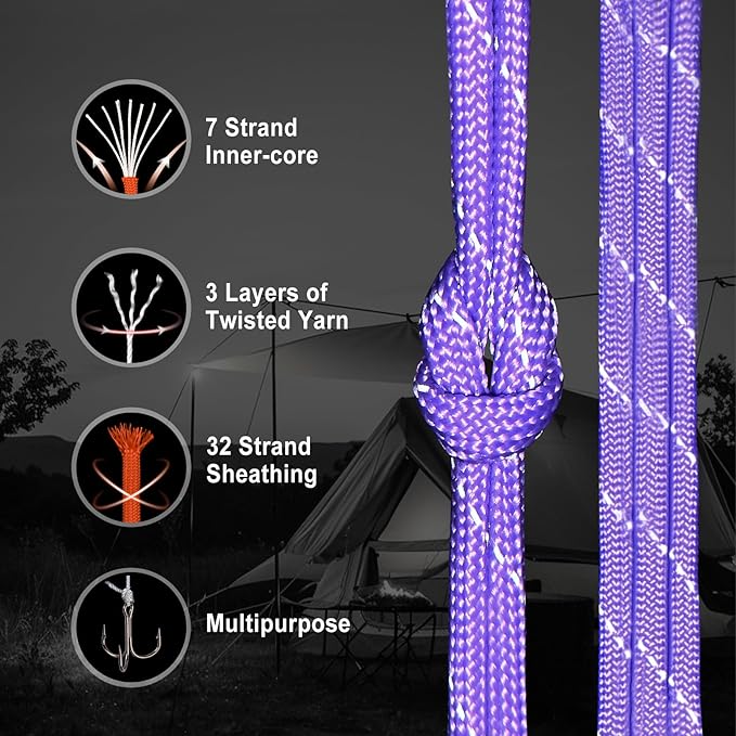 WEREWOLVES Reflective Paracord Rope 7 Strand Type III Parachute Cord 4mm 100ft / 200ft for Tent Camping Hiking Fishing Survival Tactical Clothesline DIY Projects