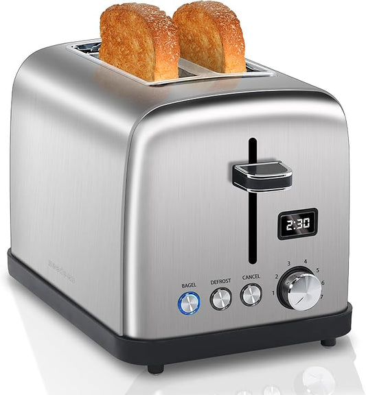 SEEDEEM Toaster 2 Slice, LCD Display, 7 Shade Settings, 1.4'' Wide Slots, Stainless Steel Digital Toaster for Bagel, Defrost, Reheat, Removable Crumb Tray, 900W, Silver Metallic
