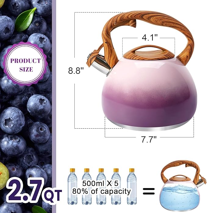 GGC Tea Kettle for Stove Top, 3.1QT/3L Whistling Tea Kettles for Boiling Water Coffee or Milk, Purple Tea Pot with Wood Parttern Handle, Stainless Steel Tea Pot for Home and Kitchen