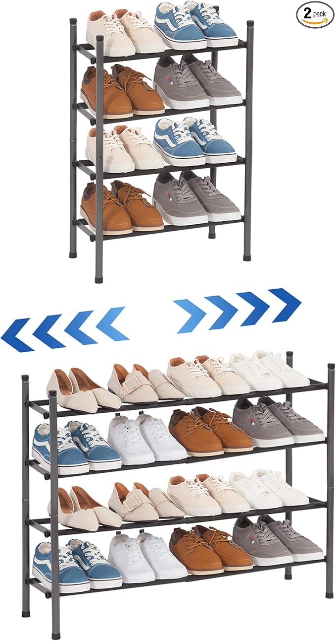 STORAGE MANIAC Expandable Shoe Rack, 16 Pairs Stackable Small Shoe Rack, Metal Adjustable Shoes Organizer for Closet, Entryway, Hallway, Garage, Front Door, Shoes Shelves, Black 4 Tier