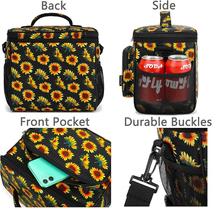 FlowFly Insulated Reusable Lunch Bag Adult Large Lunch Box for Women and Men with Adjustable Shoulder Strap,Front Zipper Pocket and Dual Large Mesh Side Pockets,Sunflower