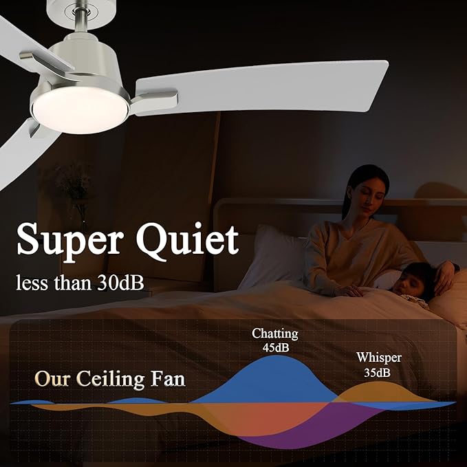 52 Inch Ceiling Fans with Lights,Low Profile Ceiling Fan,Modern Flush Mount,Reversible 6 Speeds,3CCT Dimmable Noiseless Ceiling Fans for Living Room,Bedroom and Patio,ETL Listed