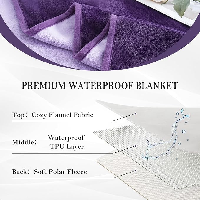 SOCHOW Waterproof Blanket for Bed Sofa Couch, Water Resistant Blanket Washable 80"x90", Reversible Leakproof Bed Cover for Adults Elderly Pets, Deep Purple & Light Purple