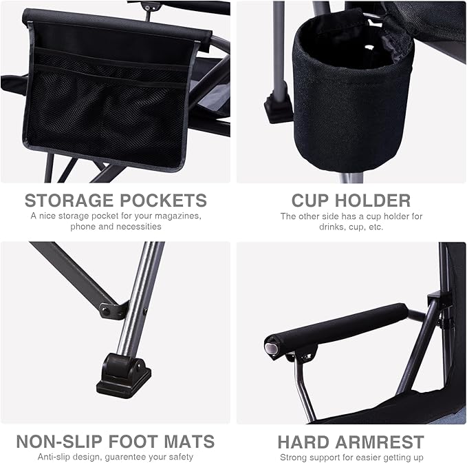 EVER ADVANCED Oversized Folding Camping Chair for Adults, Heavy Duty Lawn Chair with Side Pockets, Portable Collapsible Quad Chair for Outside, Support Up to 500lbs