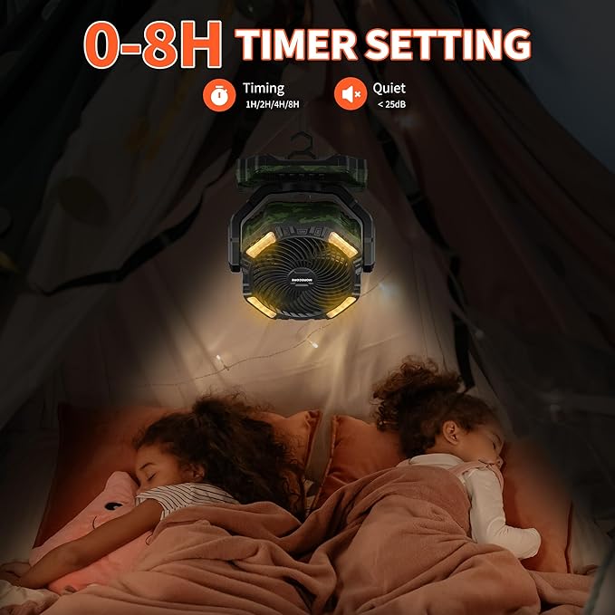 MORECORE 40000mAh Battery Operated Camping Fan with Light, 120HRS Running, Powerful 4 Speeds & Auto Oscillating, with Timer & Hook, for Travel Tent RV Emergency Hurricane Jobsite Garage-Camo Green