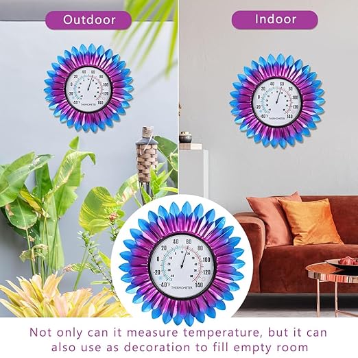 VEWOGITF Outdoor Thermometer, Metal Wall Themometer No Need Battery, Purple Blue Flower Indoor Thermometer with Large Number for Patio Room Decor