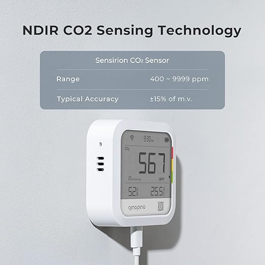 Qingping CO2 Monitor Thermometer Hygrometer, Remote Monitoring via Qingping IoT, Temperature and Humidity Monitor for Different Scenarios, Fast Alert Notification, Rechargeable Battrey