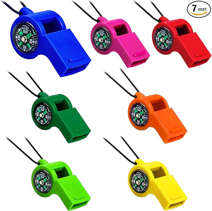 Whistle Compass 2 in 1 Function Whistles with Compass Combo Emergency Survival Whistle Loud Safety Whistle Plastic with Lanyard for Outdoor Hiking Camping Boating Hunting Fishing (7 Pcs, Colorful)