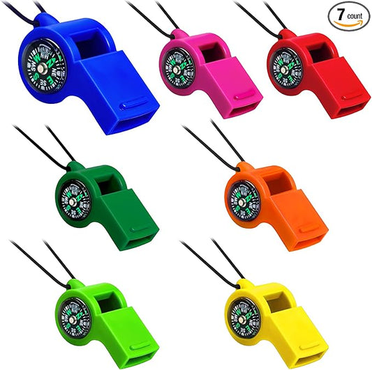 Whistle Compass 2 in 1 Function Whistles with Compass Combo Emergency Survival Whistle Loud Safety Whistle Plastic with Lanyard for Outdoor Hiking Camping Boating Hunting Fishing (7 Pcs, Colorful)