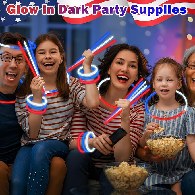 Red White Blue Patriotic Decorations 180 PCS, Bulk Glow Sticks Toys Gifts Party Favors, Light up Bracelets Necklaces USA Accessories for Kids ＆ Adults, Parade Throws Supplies for Labor Veterans Day