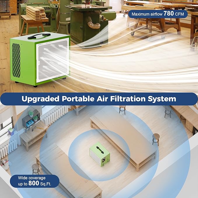 ALORAIR Portable 2 Stage (580/780 CFM) Intake Air Filtration Systems Woodworking with Strong Vortex Fan, Movable Air Filter for Garage, Home, Workshop, Bench Top, Shop Dust Collectors, Purecare 780S