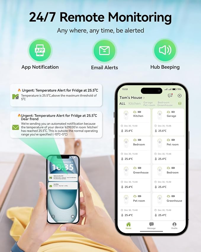 WiFi Remote Refrigerator Thermometer, 1/3 Mile Long Range Freezer Alarm, IP66 Waterproof, App Email Alert, with Digital Monitor Hub, 1 Smart Wireless Temperature Sensor for Kitchen, Fridge, RV