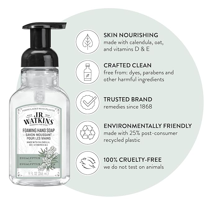 J.R. Watkins Foaming Hand Soap Pump with Dispenser, Moisturizing Hand Soap Foam, Alcohol-Free, Cruelty-Free, , Use for Kitchen or Bathroom, Eucalyptus, 9 fl oz,3 Pack