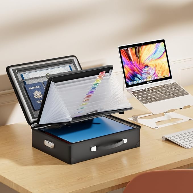 Fireproof Document Box with lock, File Organizer with Fireproof Zipper, Hard Shell Fireproof & Waterproof Storage box, Portable Safe for Home, Important Documents, Laptop, Black