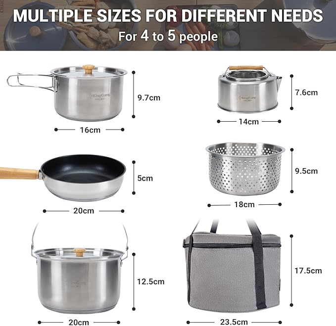 KingCamp Camping Cookware Set 304 Stainless Steel Campfire Cooking Pots Pan and Kettle with Travel Tote Bag for Camping Outdoor Kitchen Cooking Picnic for 4-6