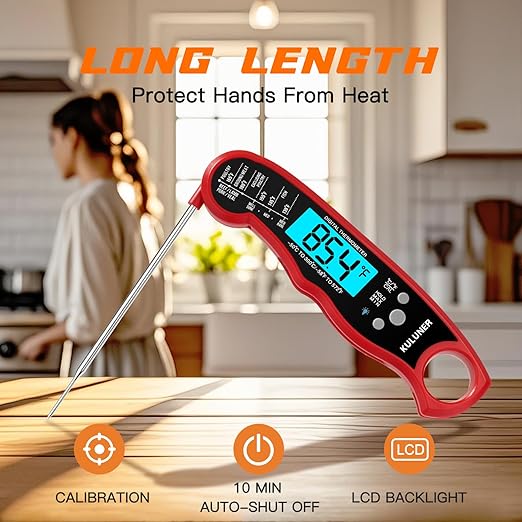TP-01 Waterproof Digital Instant Read Meat Thermometer with 4.6 Folding Probe Backlight Calibration Function for Cooking Food Candy, BBQ Grill, Liquids,Beef（Red）